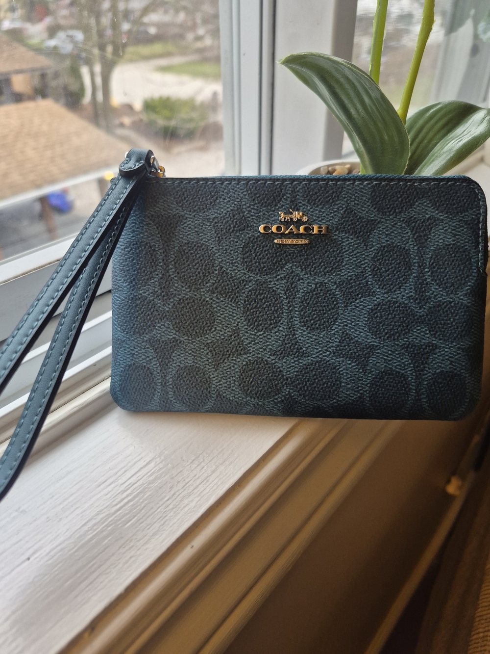Coach Signature Wristlet in Teal Blue with Gold Logo